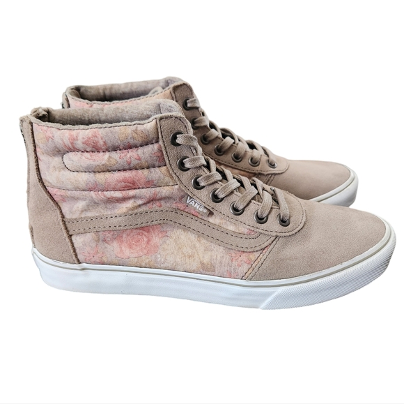 Vans Women's Sk8 Hi High Top Sneakers Beige and Pink Floral Zip Closure Shoes/ 8 - Picture 2 of 10
